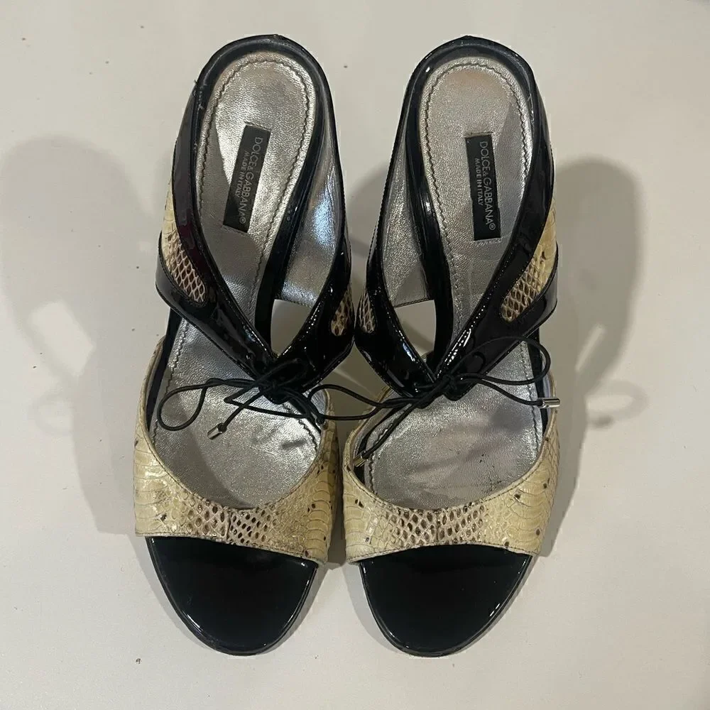 Dolce & Gabbana Snakeskin and Patent Leather Open Toe Heels
